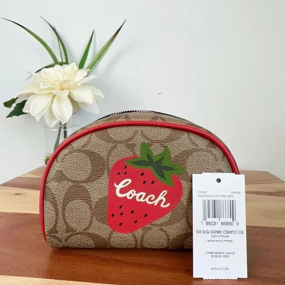 NWT Coach Dome Cosmetic Case In Signature‎ Canvas With Wild Strawberry